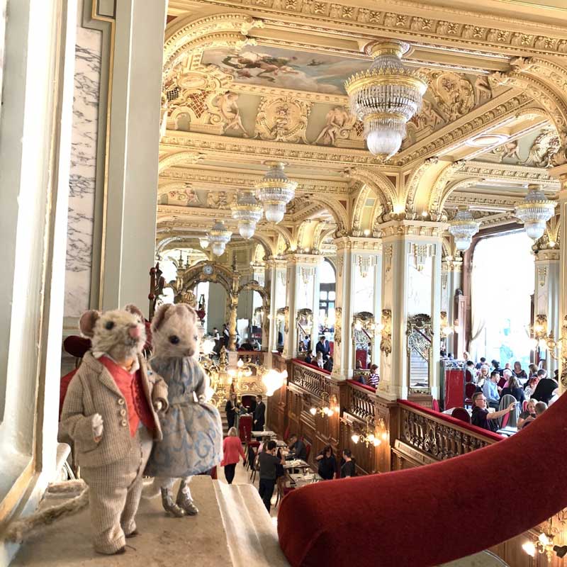 Claude and Marietta the mohair mice in the New York Cafe in Budapest.