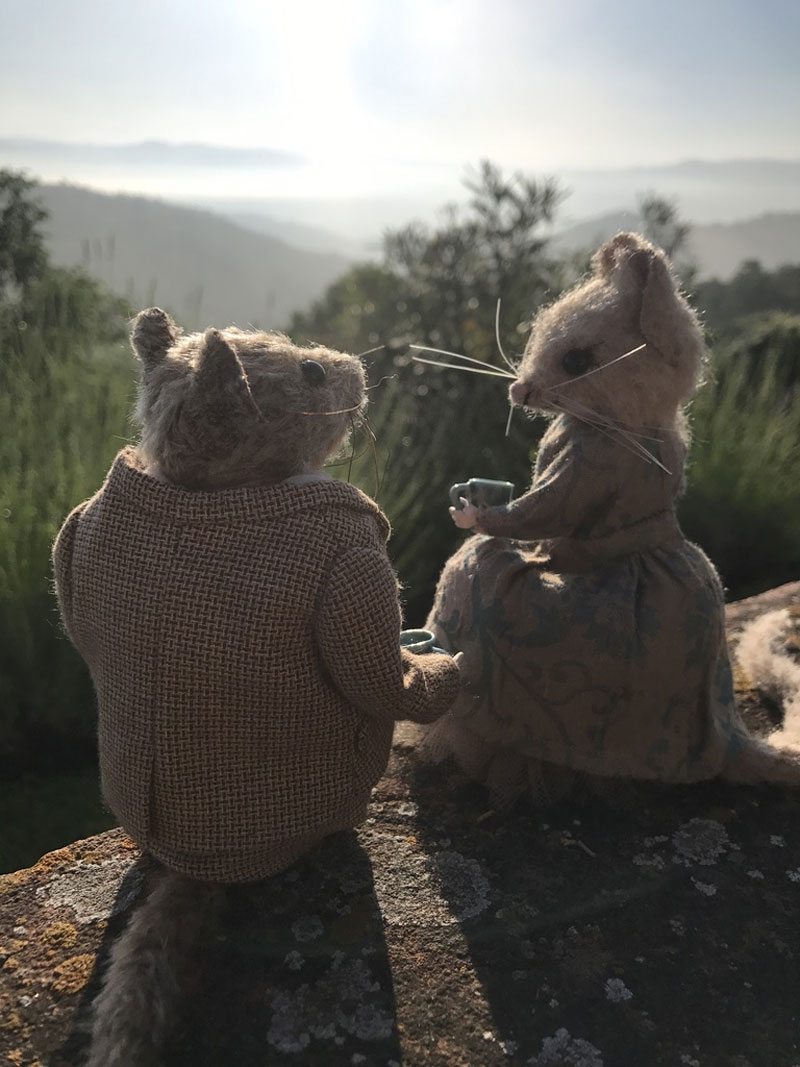 Claude and Marietta the mohair mouse dolls enjoying breakfast in Tuscany