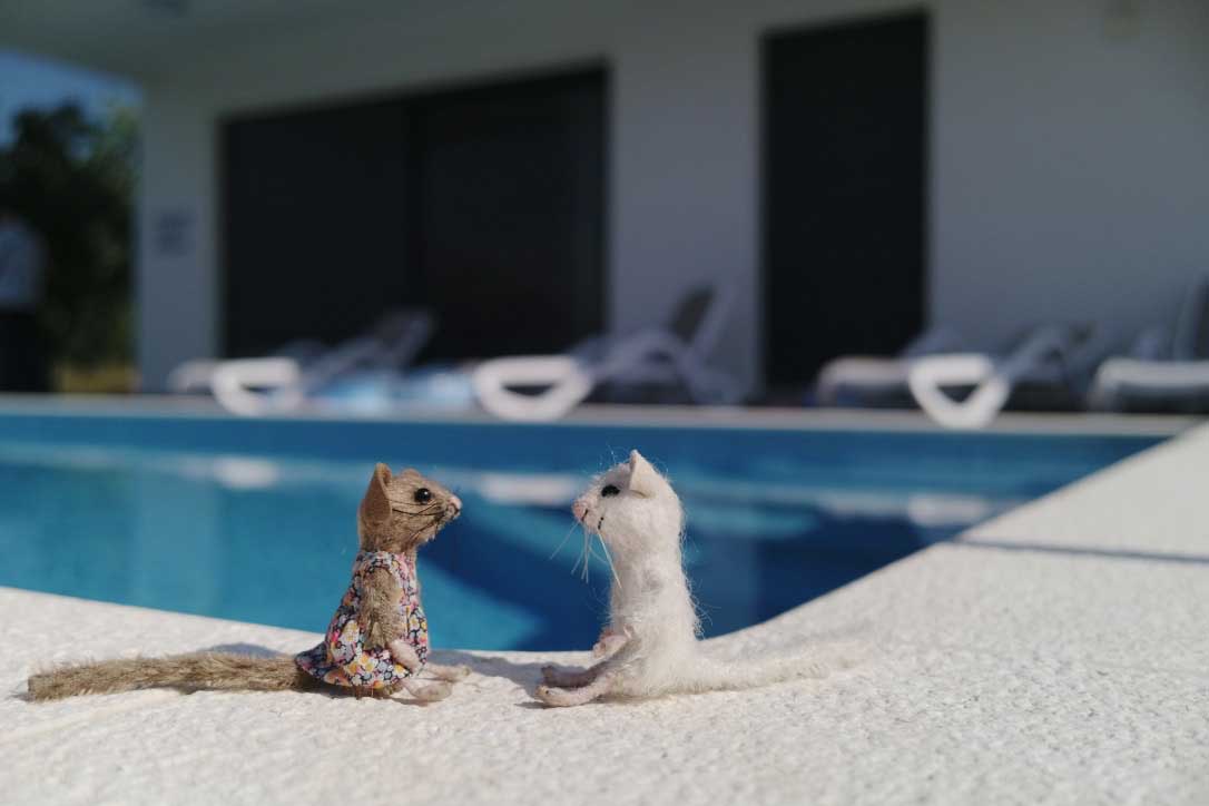 Ellen and Merlin at the pool on holiday