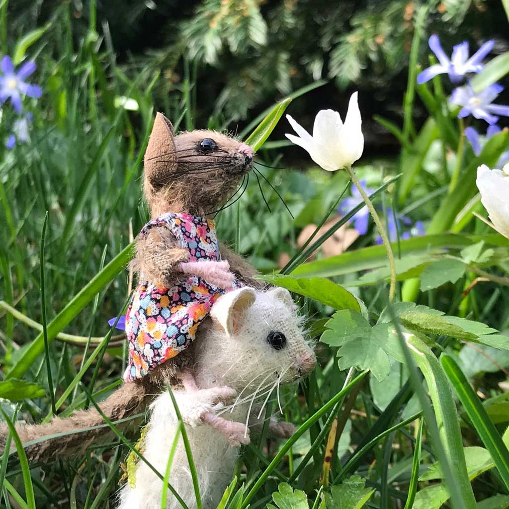 Merlin mouse gives Ellen a shoulder ride so that she can look at a flower